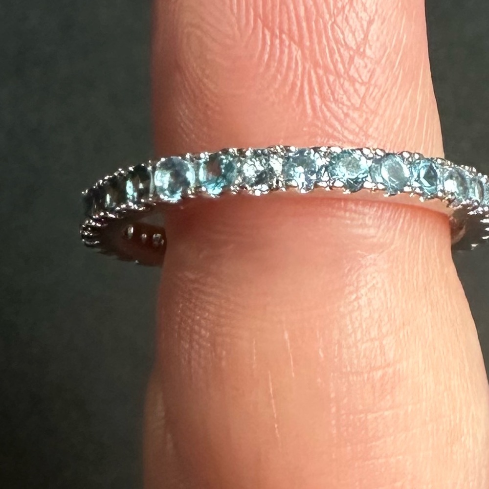 Suzy Levian Sterling Silver Thin Aqua Cubic Zirconia Eternity Band New - Picture 5 of 9